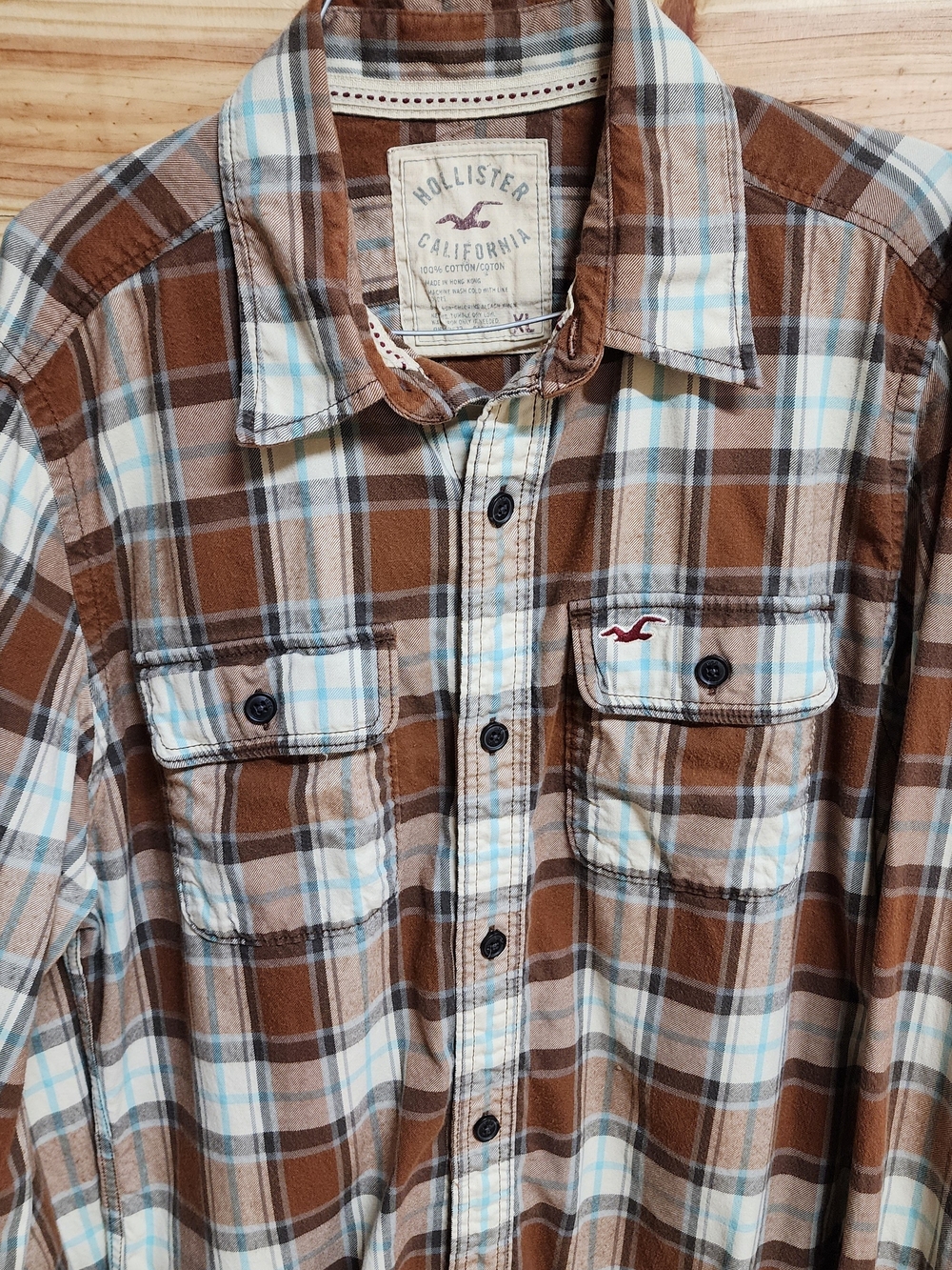 Hollister Men's Brown Plaid Button-Up Long Sleeve Shirt Size XL